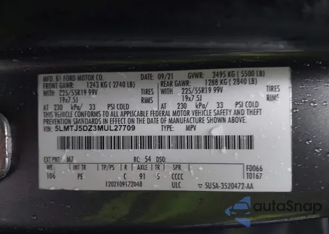 2021 Lincoln Corsair Grand Touring z USA, uszkodzony, nr VIN 5LMTJ5DZ3MUL27709